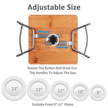 E-ROOM TREND Plate Organizer, Bamboo Dish Holder 1 Pack for 9" to 13" Large Plates, Adjustable Size Dish Storage Rack for Kitchen Drawer, Cabinets, Shelf, Corner, Party, RV, Buffet