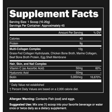 Premium Multi Collagen Peptides Protein Powder (1, 2, 3, 5 & 10) with Vitamin C, Biotin, Hyaluronic Acid, for Hair Skin and Nails - Marine, Bovine, Chicken & Eggshell (Unflavored, 45 Servings)