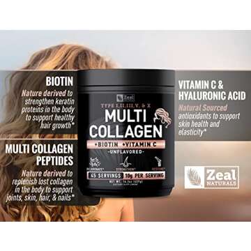 Premium Multi Collagen Peptides Protein Powder (1, 2, 3, 5 & 10) with Vitamin C, Biotin, Hyaluronic Acid, for Hair Skin and Nails - Marine, Bovine, Chicken & Eggshell (Unflavored, 45 Servings)