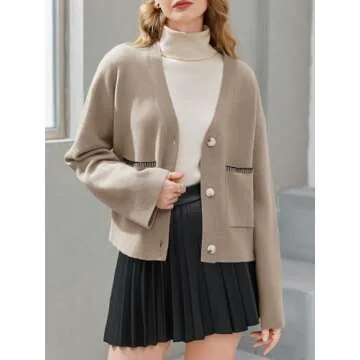Saodimallsu Womens Button Down Cardigan V Neck Open Front Fall Trendy Loose Knit Long Sleeve Sweater Coat with Pockets Light Khaki