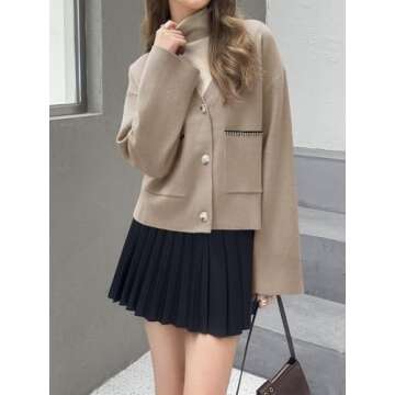 Saodimallsu Womens Button Down Cardigan V Neck Open Front Fall Trendy Loose Knit Long Sleeve Sweater Coat with Pockets Light Khaki