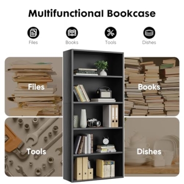 Sweetcrispy Industrial 5 Shelf Bookcase - Large 53 Inch Tall Floor Standing Open Bookshelf for Home Office, Living Room, and Bedroom Storage, Classic Black