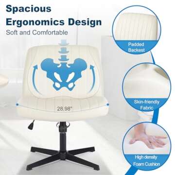 DOSSMBOLA Criss Cross Desk Chair, Armless Office Chairs No Wheels, Cross Legged Chair with Wide Seat, Height Adjustable, Office Chair for Home/Office/Make Up/Bed Room - Beige