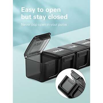 Sukuos Extra Large Weekly Pill Organizer, 7 Day Daily Pill Box Case Easy to Open, Silkscreen Printed Medicine Container with Clear Lid for Vitamins, Fish Oils or Supplements