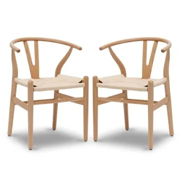 Stylish Mid-Century Wooden Dining Chairs with Hemp Seat - Set of 2