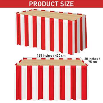 durony 2 Packs Red and White Striped Table Skirt Circus Theme Party Supplies Carnival Table Skirt for Carnival Home Party Decoration, 165 x 30 Inches
