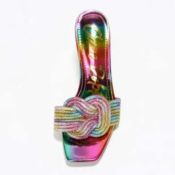 Cape Robbin Flynn Womens Stiletto Heels - High Heels Shoes for Women - Stylish Slip-on Stiletto Sandals with Rhinestone-Embellished Knot - Rainbow Pink Green Yellow Multicolored Size 11