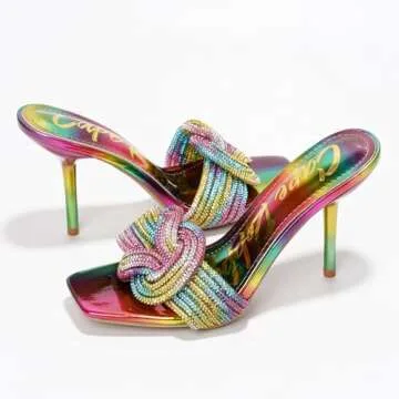 Cape Robbin Flynn Womens Stiletto Heels - High Heels Shoes for Women - Stylish Slip-on Stiletto Sandals with Rhinestone-Embellished Knot - Rainbow Pink Green Yellow Multicolored Size 11