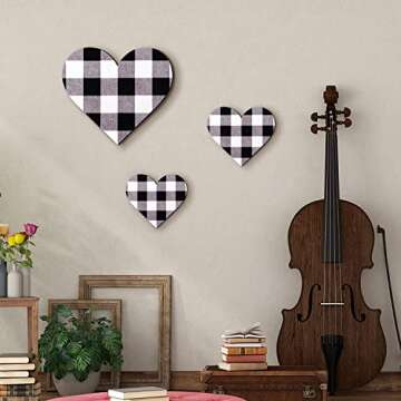 Jetec 3 Pcs Heart Shaped Wood Sign Buffalo Plaid Decor for Kitchen Bedroom Bathroom Living Room Wooden Heart Wall Sign Rustic Hanging Plaque Valentines Decor, 3 Sizes (Black and White Plaid)