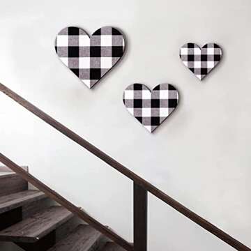 Jetec 3 Pcs Heart Shaped Wood Sign Buffalo Plaid Decor for Kitchen Bedroom Bathroom Living Room Wooden Heart Wall Sign Rustic Hanging Plaque Valentines Decor, 3 Sizes (Black and White Plaid)