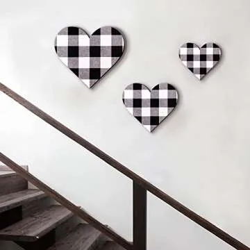 Jetec 3 Pcs Heart Shaped Wood Sign Buffalo Plaid Decor for Kitchen Bedroom Bathroom Living Room Wooden Heart Wall Sign Rustic Hanging Plaque Valentines Decor, 3 Sizes (Black and White Plaid)