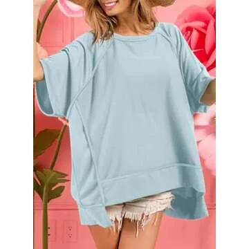 Dokotoo Womens Summer Tops 2025 Casual Crewneck T-Shirts Loose Fit Solid Color Short Sleeve Top Oversized T Shirts for Women Lightweight High Low Tee Shirts for Women Fashion Clothes Blue Medium