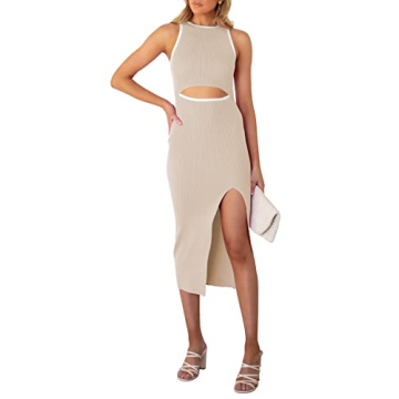 Pink Queen Women's Sexy Sleeveless Bodycon Dress Crew Neck Party Cocktail Ribbed Midi Dresses Aprico...