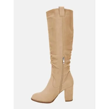 Juliet Holy Women's Knee High Boots Chunky Block Heel Wide Calf Round Toe Side Zipper Fashion Dress Boot