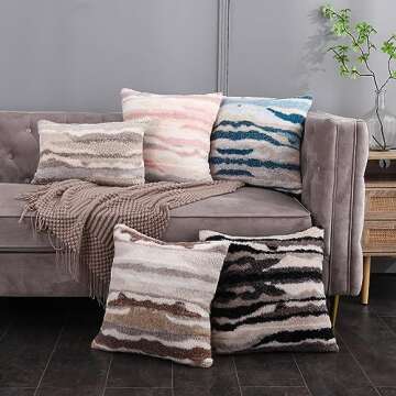 Grey Faux Fur Fluffy Throw Pillow Covers 16x16 Set of 2 Boho Plush Fuzzy Decorative Cushion Cases Home Indoor Decor Winter Decorations for Couch Bed Sofa,Gray Beige White