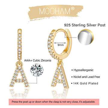 Initial Earrings for Girls Gifts, 925 Sterling Silver Post 14K Gold Plated Small Huggie Hoop Earrings Letter A Initial Dangle Earrings