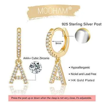 Initial Earrings for Girls Gifts, 925 Sterling Silver Post 14K Gold Plated Small Huggie Hoop Earrings Letter A Initial Dangle Earrings