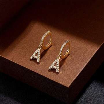 Initial Earrings for Girls Gifts, 925 Sterling Silver Post 14K Gold Plated Small Huggie Hoop Earrings Letter A Initial Dangle Earrings