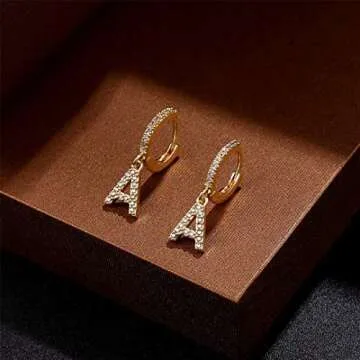 Initial Earrings for Girls Gifts, 925 Sterling Silver Post 14K Gold Plated Small Huggie Hoop Earrings Letter A Initial Dangle Earrings
