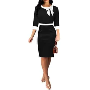 Women's Vintage Crew Neck Business Casual Party Dress with Bowknot (Black/White, XL)