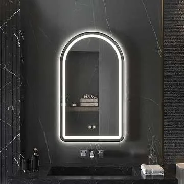 MYlovelylands LED 24x36 inch Black Tempered Glass Arched Mirror for Bathroom Vanity Mirror or Wall Decor Arch Mirror Brushed Metal Frame Wall Mounted Mirror for Bathroom