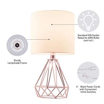 CO-Z Modern Table Lamps for Living Room Bedroom Set of 2, Rose Gold Desk Lamp with Hollowed Out Base and White Fabric Shade, Bedside Lamps for Nightstand Accent. (Pink)