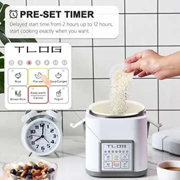 TLOG Mini Rice Cooker 2.5 Cups Uncooked, Healthy Ceramic Coating Portable Cooker, 1.2L Travel Small for 1-3 People, Personal maker, Food Steamer, 12 Hours delay timer, Multi-cooker Grains, Oats