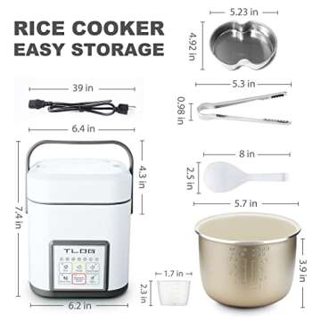 TLOG Mini Rice Cooker 2.5 Cups Uncooked, Healthy Ceramic Coating Portable Cooker, 1.2L Travel Small for 1-3 People, Personal maker, Food Steamer, 12 Hours delay timer, Multi-cooker Grains, Oats