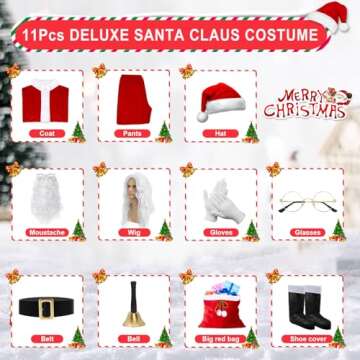Mukum 11PCS Santa Claus Costume for Men Set, Professional Santa Costume Adult Men Santa Suit Outfit for Christmas with Santa Wig Hat Gloves Bell Red Plush Bag-XL