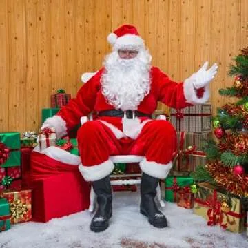 Mukum 11PCS Santa Claus Costume for Men Set, Professional Santa Costume Adult Men Santa Suit Outfit for Christmas with Santa Wig Hat Gloves Bell Red Plush Bag-XL