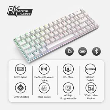 RK ROYAL KLUDGE Wireless 60% Mechanical Keyboard PBT keycaps, Bluetooth Mechanical Keyboard with CNC frame, Compact Gaming Keyboard with Software - 68 Keys Hot Swappable Gateron Brown Switch, RK68 pro