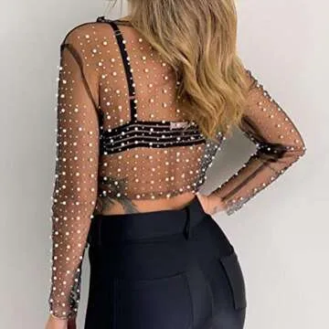 Women's Pearl Mesh Long Sleeve Crop Top for Parties