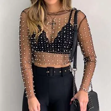 Women's Pearl Mesh Long Sleeve Crop Top for Parties
