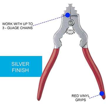 Ciata Chain Pliers, Fixture Spring loaded Chain Plier with Red Vinyl Grip in Silver Finish