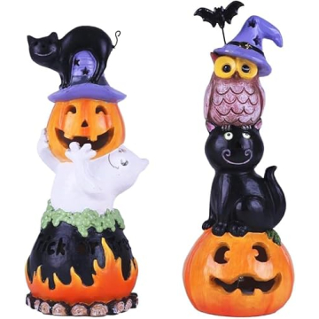 Valery Madelyn Cute Halloween Decorations Pumpkin Figurines with LED Lights, Set of 2 Resin Hallowee...