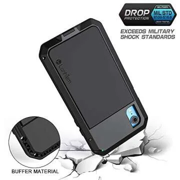 Lanhiem iPhone XR Metal Case, Heavy Duty Shockproof Case with Built-in Glass Screen Protector, Rugged Full Body Protective Cover, Black
