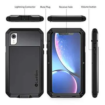Lanhiem iPhone XR Metal Case, Heavy Duty Shockproof Case with Built-in Glass Screen Protector, Rugged Full Body Protective Cover, Black