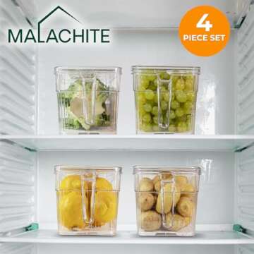 Four Pack Fridge Organizer Bins - Set of Four Stackable Refrigerator Fruit Storage Containers with L...