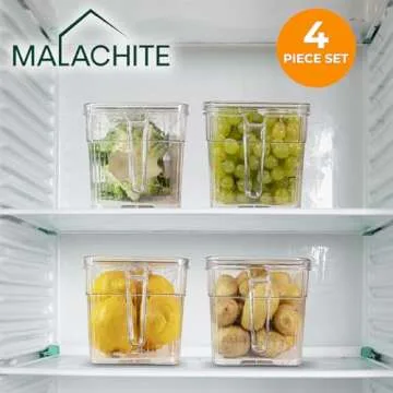 Four Pack Fridge Organizer Bins - Set of Four Stackable Refrigerator Fruit Storage Containers with L...