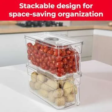 Four Pack Fridge Organizer Bins - Set of Four Stackable Refrigerator Fruit Storage Containers with Lids and Handles. Clear Plastic Kitchen Food, Fruits, Vegetables, Produce Organization Containers