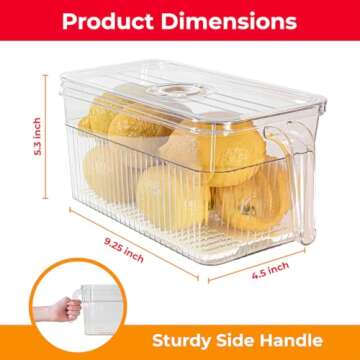 Four Pack Fridge Organizer Bins - Set of Four Stackable Refrigerator Fruit Storage Containers with Lids and Handles. Clear Plastic Kitchen Food, Fruits, Vegetables, Produce Organization Containers