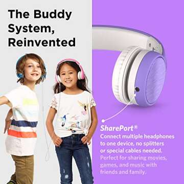 LilGadgets Connect+ Style On-Ear Kids Headphones with Microphone - SharePort Technology, SoftTouch Padding, Detachable Cable, Noise Reduction, Durable & Adjustable - Purple