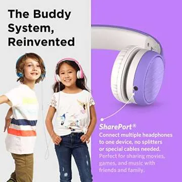 LilGadgets Connect+ Style On-Ear Kids Headphones with Microphone - SharePort Technology, SoftTouch Padding, Detachable Cable, Noise Reduction, Durable & Adjustable - Purple