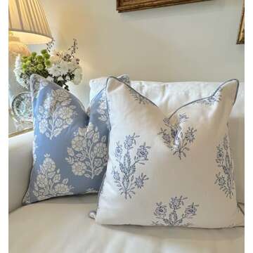 Jillien Harbor Mary and Hazel Bundle Grandmillennial Throw Pillow Cover - Plush Blue & White Cotton ...