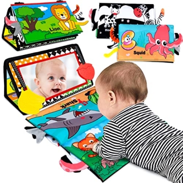 Aboosam Baby Toys 0-6 Months - Tummy Time Mirror Toys with Cloth Books & Teethers - Montessori Infan...