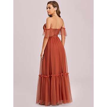 Ever-Pretty Women's Formal Dress Sweetheart Off-Shoulder Ruched Tulle Maxi Bridesmaid Dress Burnt Or...