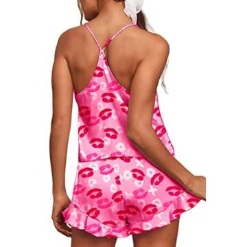 CHYRII Women's Sexy Ruffled Silk Satin Two Piece Pajamas Sets Racerback Cami Tops Shorts Sleepwear Pink Lips L