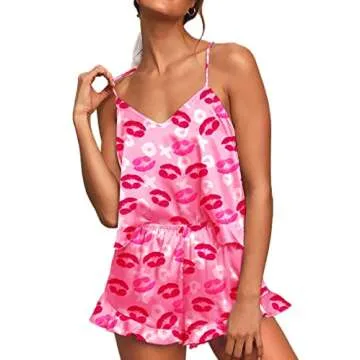 CHYRII Women's Sexy Ruffled Silk Satin Two Piece Pajamas Sets Racerback Cami Tops Shorts Sleepwear Pink Lips L