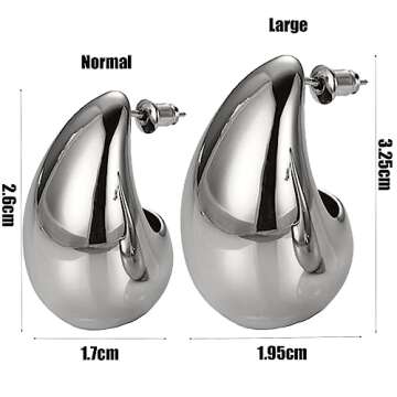 Teardrop Earrings Dupes for Women, Chunky Gold Hoop Earrings Lightweight Waterdrop Hollow Open Hoops Silver Gold Trending Oversized Statement Style Earring Hypoallergenic Gold Plated Earrings Fashion Jewelry for Women (Normal Silver)