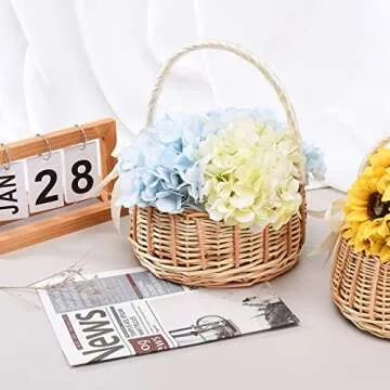 Kuppn Wicker Rattan Flower Basket, Willow Handwoven Basket with Handle and Plastic Insert,Wedding Flower Girl Baskets for Home Garden Decor, White,Pink, S, 210209HT07-1-10551-1117289551